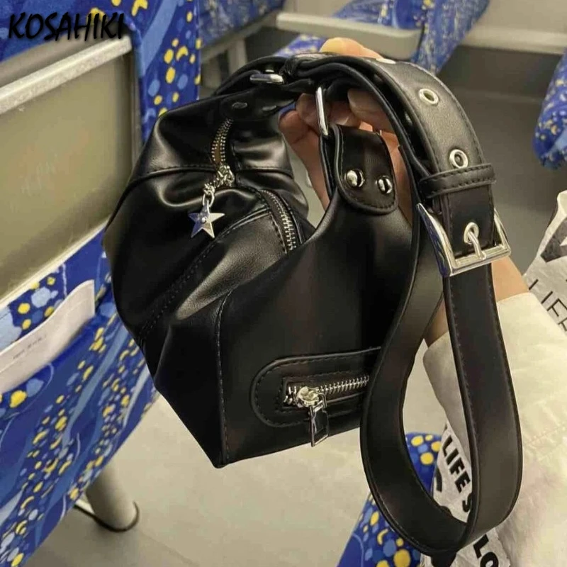 Trendy Women Punk Solid Shoulder Handbags All Match Vintage Streetwear Crossbody Bags Casual Y2k Aesthetic Underarm Bag Japanese