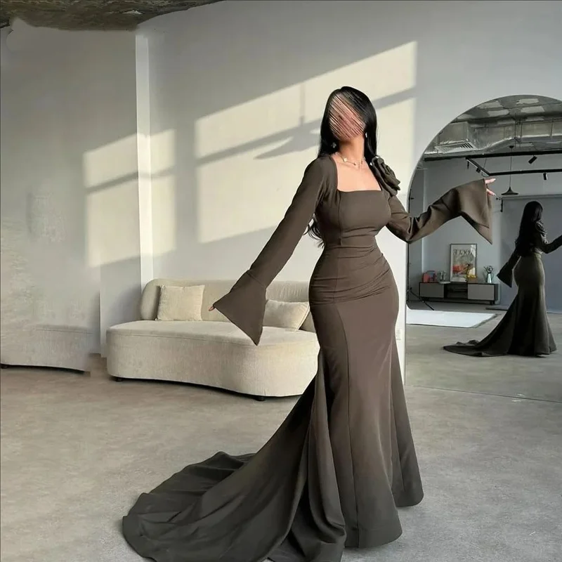 

Brown Party Dress Square Neck Dramatic Bell Sleeves Evening Dress Long Sleeves Rose Adorned Shoulder Prom Dress Customized