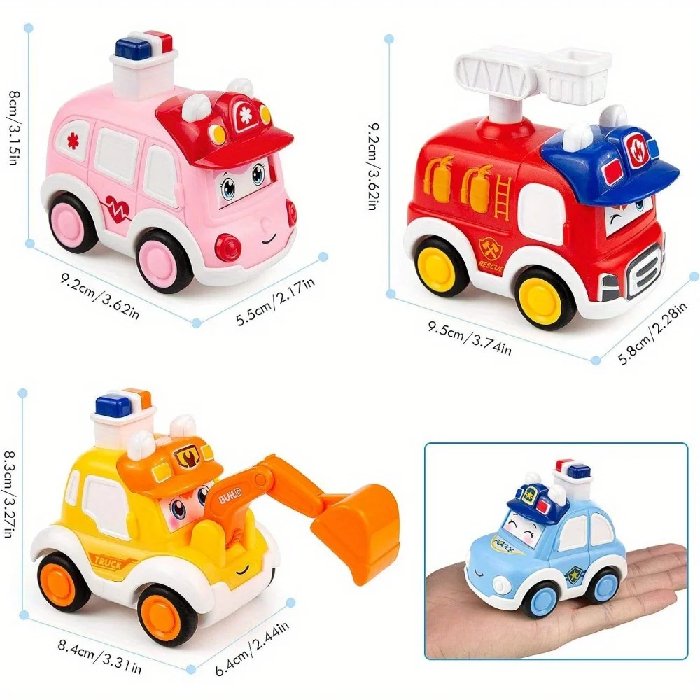 2pcs Toddler Press and Go Vehicle Cartoon Baby Mini Ambulance Police Car Fire Truck Excavator Model Gift for Kids Toys