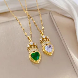 Classic Charm Green Crown Power Necklace Fashion Retro Micro-Inlaid Romantic White Love Stainless Steel Clavicle Chain