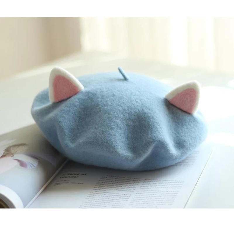 Women Painter Hat Handmade Wool Cat Ears Creativity Cute Autumn Winter Hat Costume Wool Felt Cartoon Funny Beret