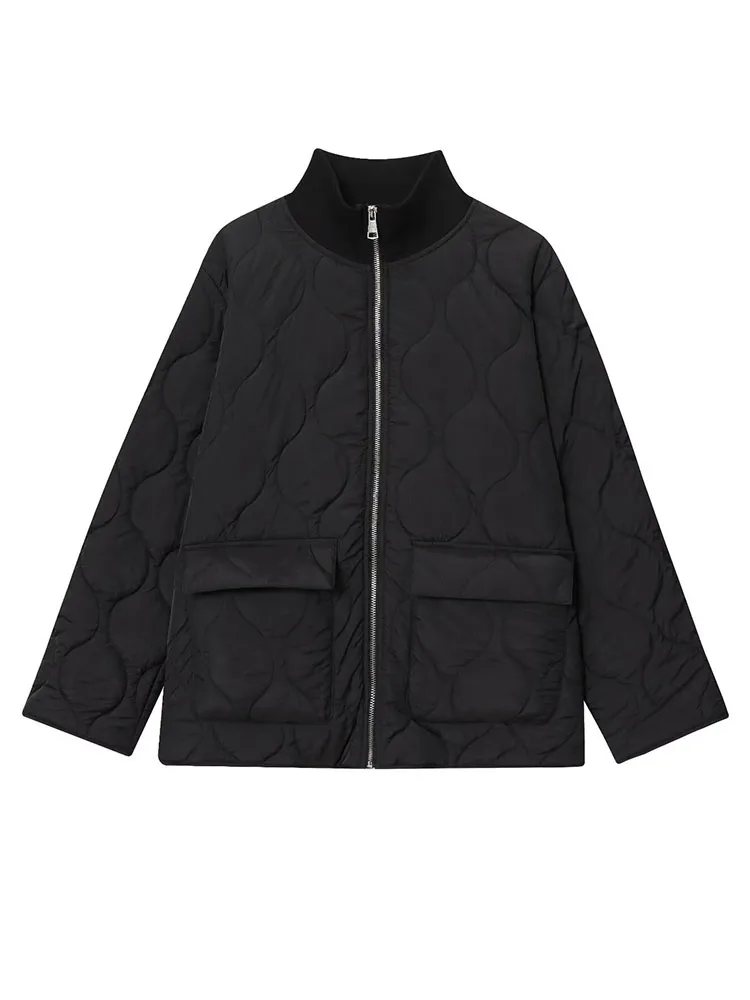 HH Women Chic Zipper Pocket Decoration Casual Winter Warm Jacket Female Stand Collar Long Sleeve Seamed Cotton Short Coat