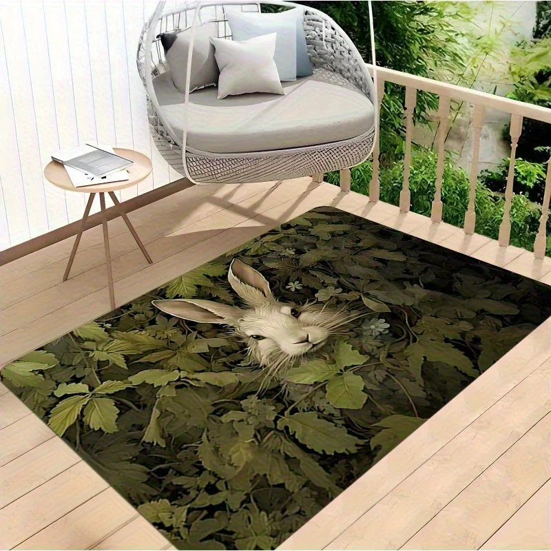 1pc Flannel Enchanted Forest Rabbit Print - Crystal Velvet Suitable for, Rabbit Design Mat with Backing, Soft Suitable for Entrance Door, Living Room, Bedroom
