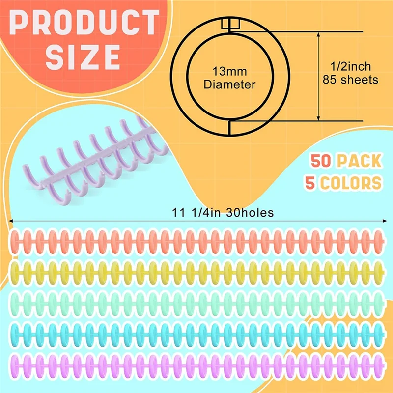 50 szt. Plastikowe spirale do wiązania, średnica 1/2 cala 30 spirale do wiązania pierścieniowego, prezenty świąteczne dla studentów i współpracowników trwałe