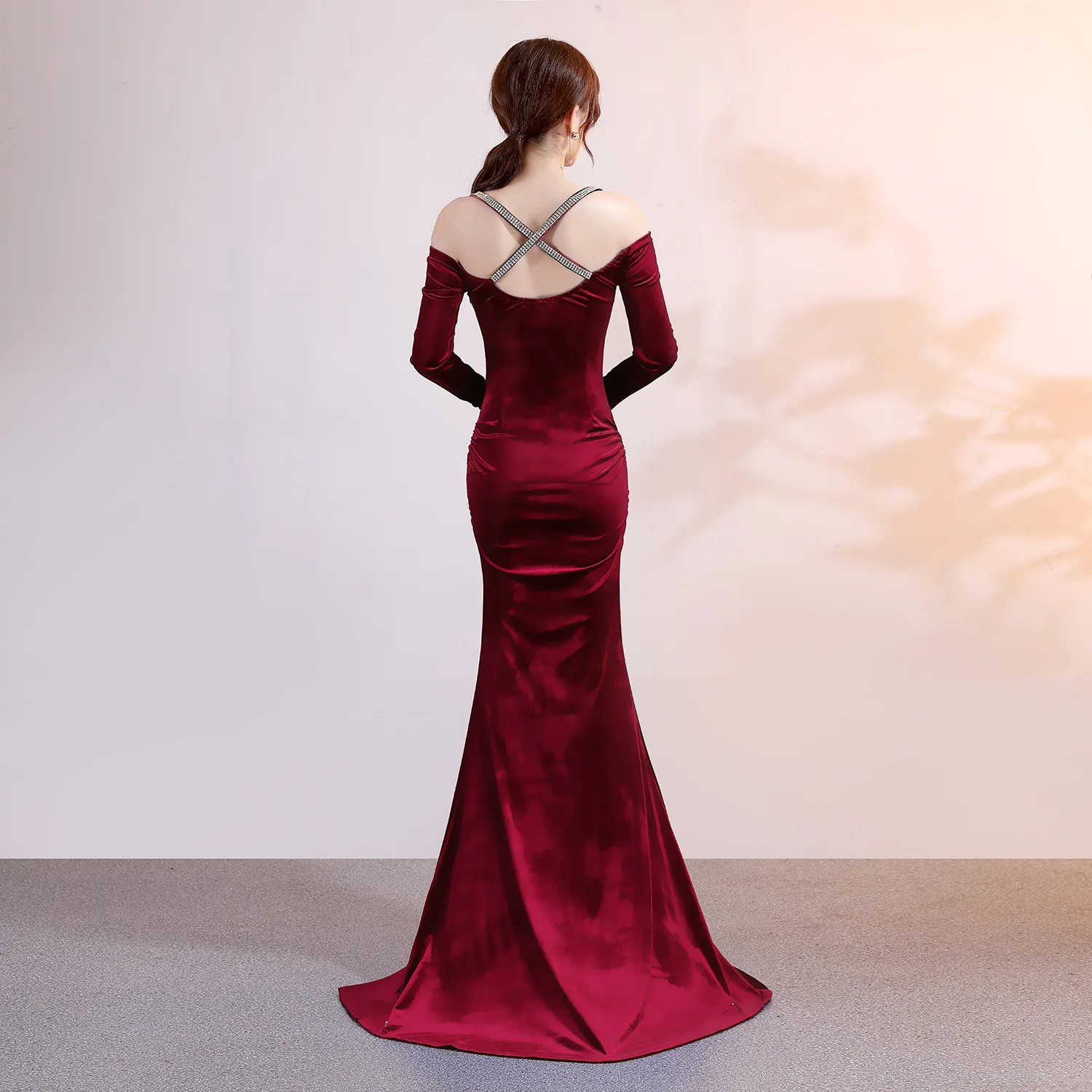 Elegant and Pretty Women's Velvet Prom Dress, Long Sleeves, Bride, Evening, Formal Party, Special Events, Luxury, Korean