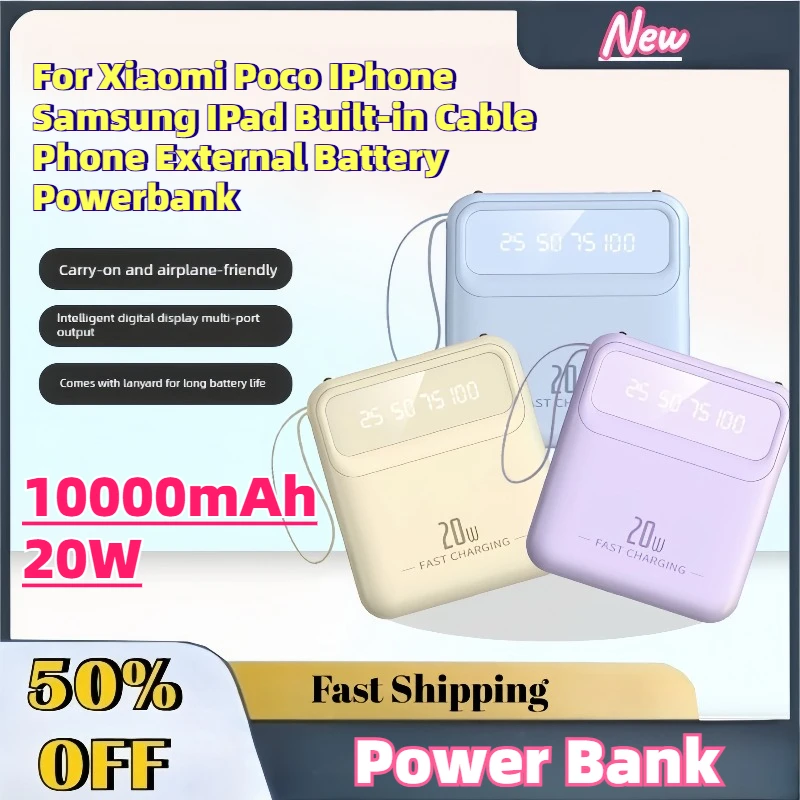 

High-Quality New 10000mAh 20W Power Bank for Xiaomi Poco IPhone Samsung IPad Built-in Cable Phone External Battery Powerbank
