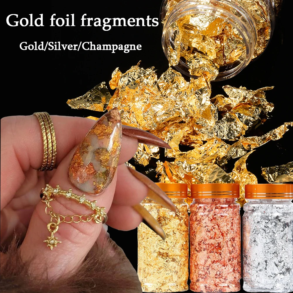 1 Bottle Gold Foil Fragments Nail Art Decorations Gold/Silver/Champagne Foil Flakes For Manicure Gold Leaf Arts Craft Paper deco