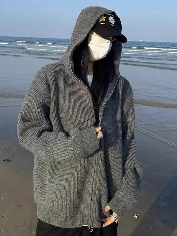 

American Sle Thiened Retro Hoodie Men's Autumn Winter Ins Lazy Sle Warm Loose Knitted Sweater Coat Polyester Fiber