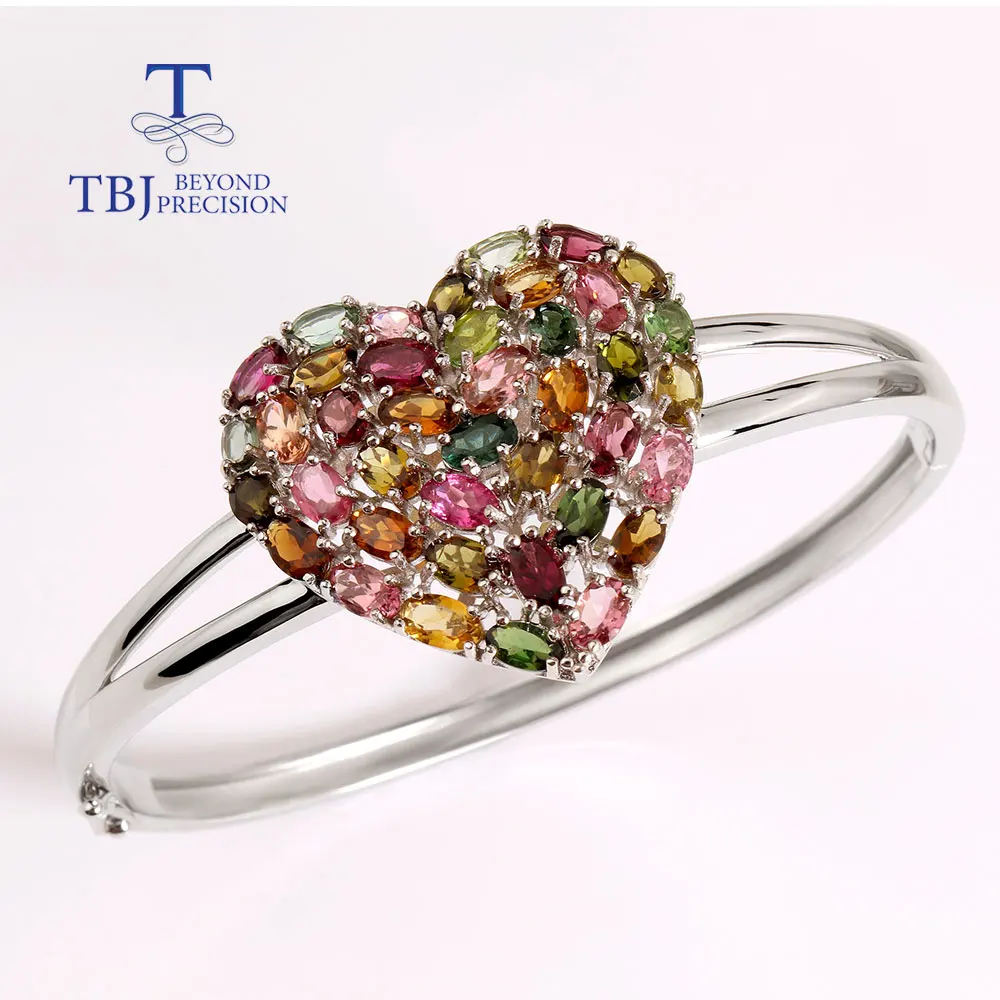 

HEART shape bangle 925 sterling silver natural colorful tourmaline Fine jewelry for women wife nice gift