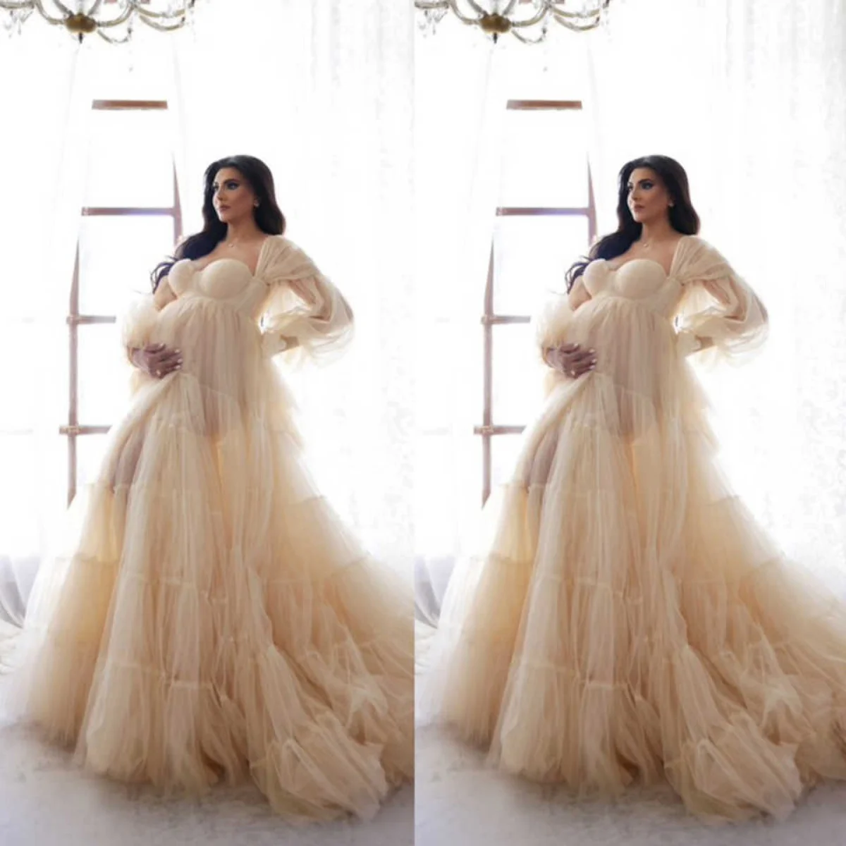 

Elegant Maternity Dresses Tulle Robes Tiered For Photoshoot Maternity Gown Lace Long Sleeves Sweetheart Dress Customized