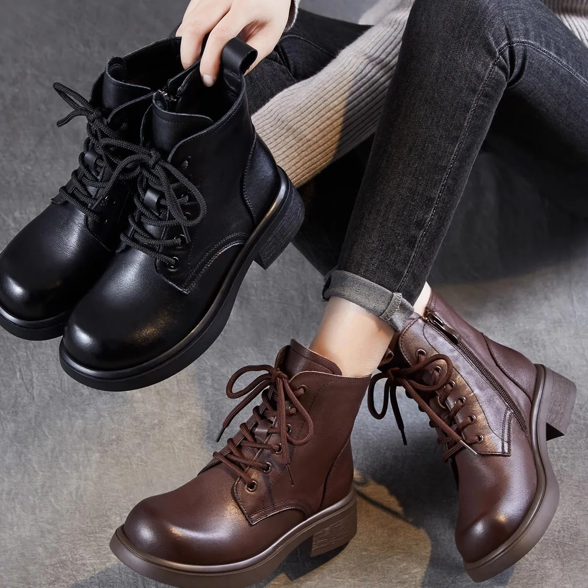 

Genuine Top Layer Cowhide Boots Women's Commuter Thick Bottom Short Boots Retro British Style High Tubcalfskin