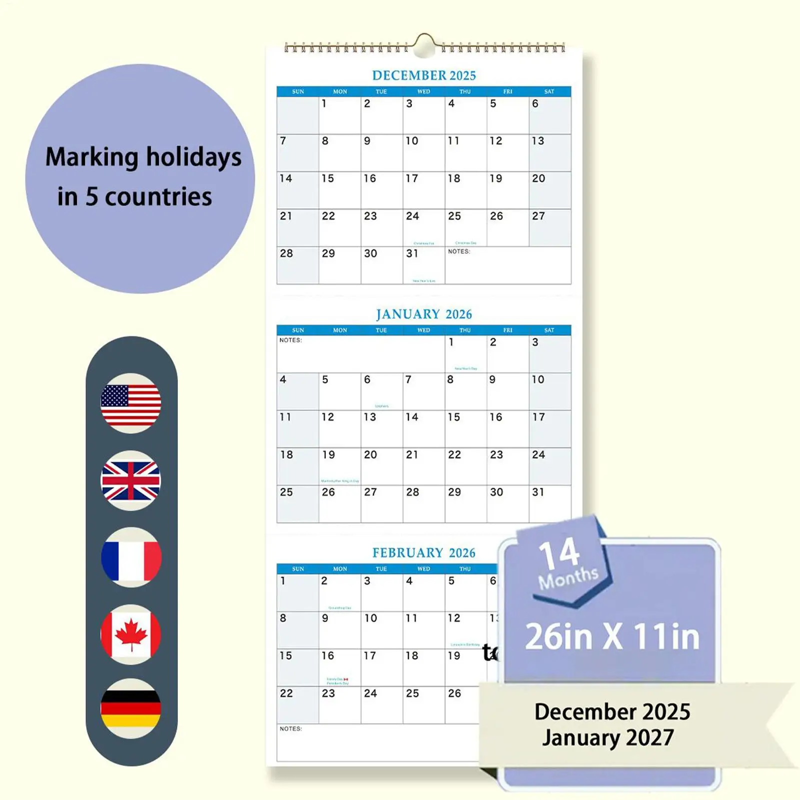 2026 Large Wall Calendar 3 Month Wall Calendar Planners Organizers for Meeting Notebook Daily Schedule Pared Home Refrigerator