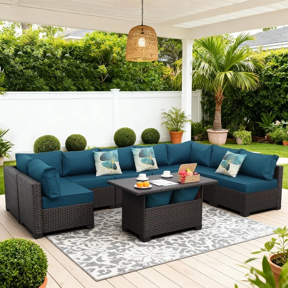 9 Pieces Wicker Patio Furniture Set Outdoor PE Rattan Sectional Conversation Sofa Set with Peacock Blue Cushions