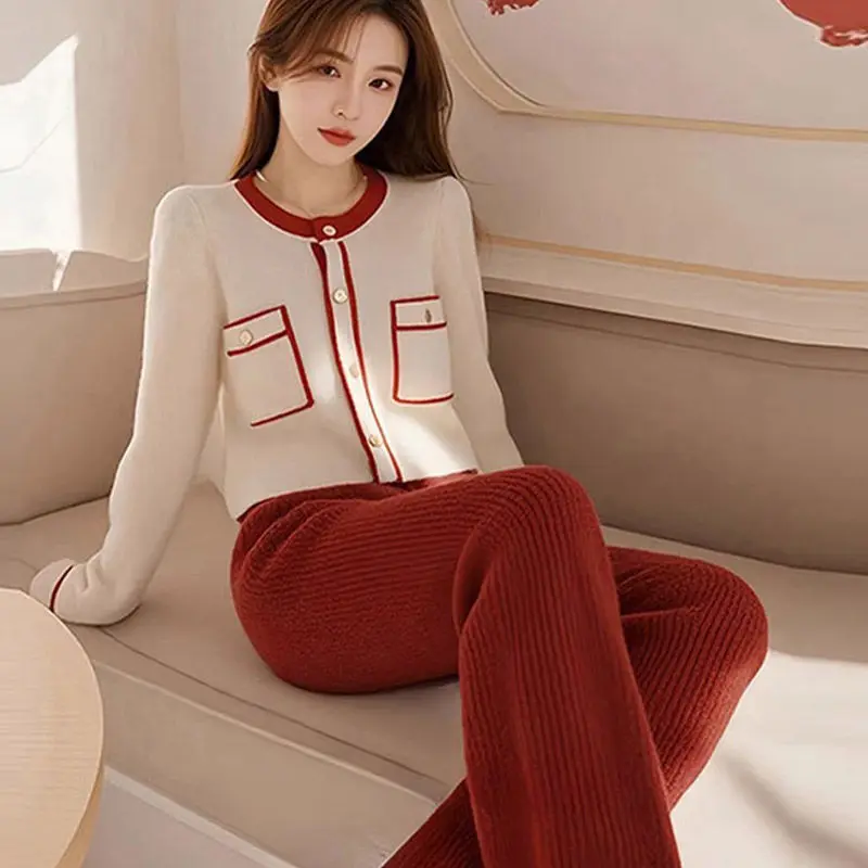

Autumn/Winter Women's 2025 New Fashion Small Fragrant Style Knitted Cardigan Coat+Wide Leg Pants Elegant High End Set