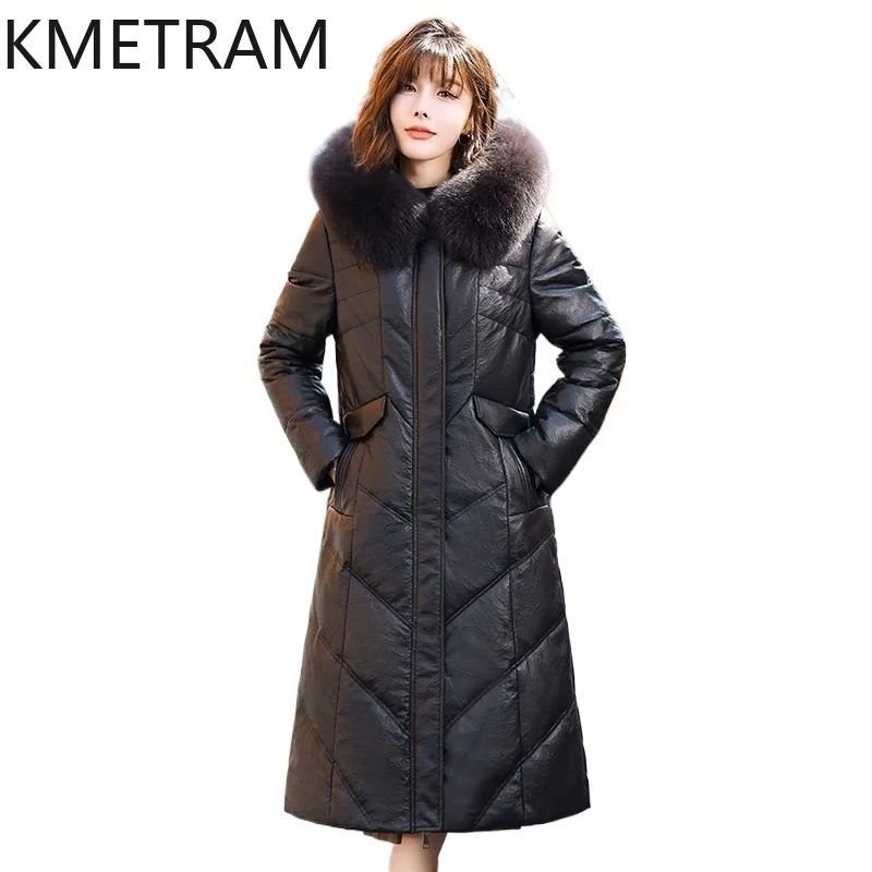 100% Sheepskinลงเสื้อผู้หญิงเสื้อผ้าใหม่ในOuterwearsปักเป้าแจ็คเก็ตHoodฤดูหนาวFox Fur Collar Long Coat 2024хок