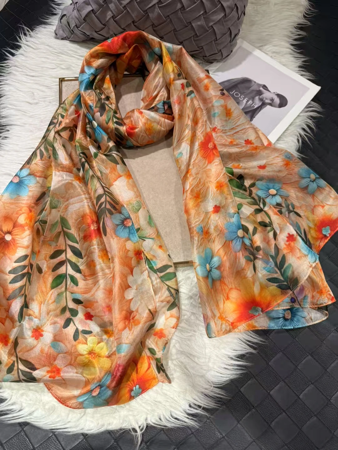 Orange Blue Women 100% Mulberry Silk Scarf Elegant Floral Long Pure Silk Scarf Summer Beach Silk Shawl  Wrap Hijab Scarf Bufanda