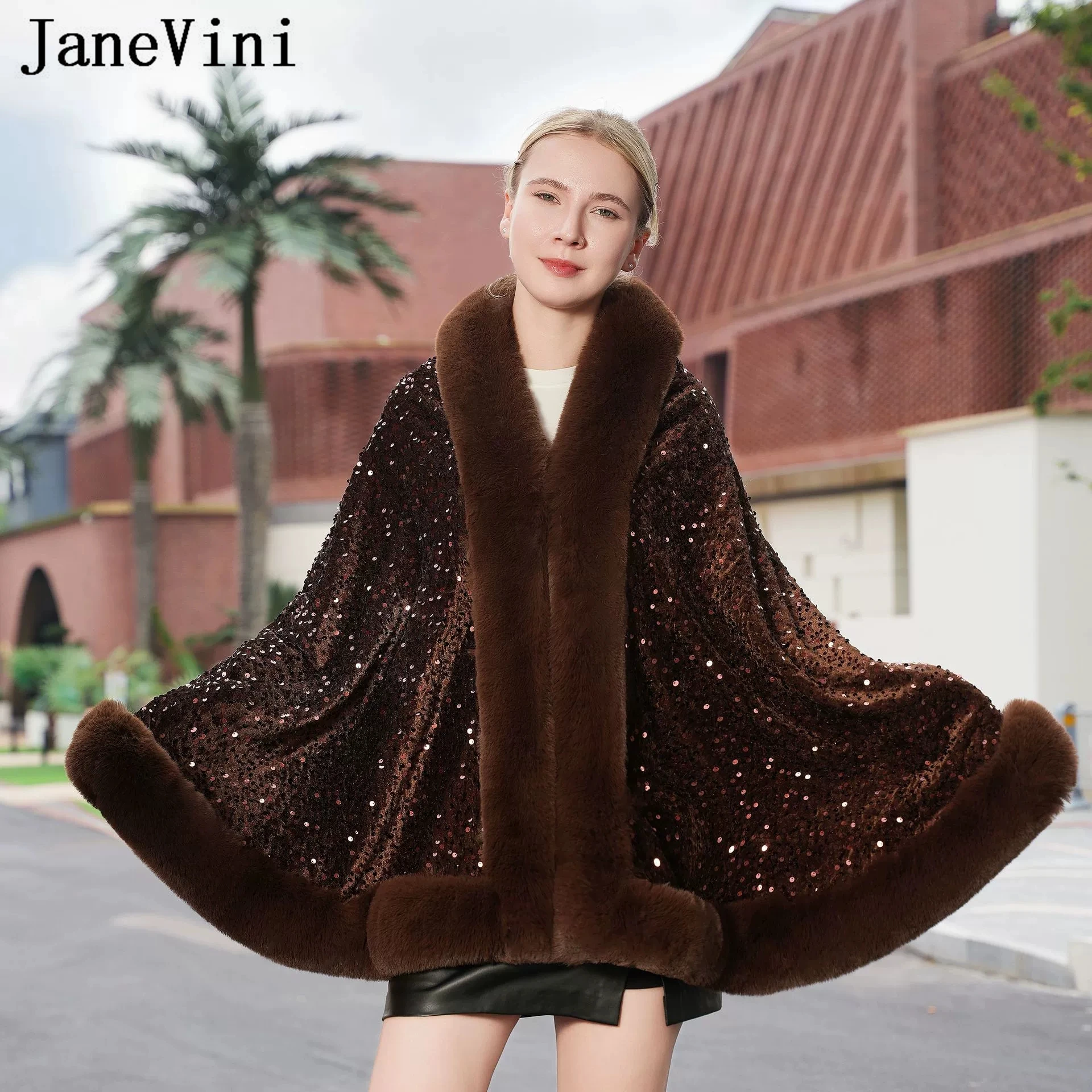 

JaneVini Sparkly Sequins Coffee Woman Bridal Bolero Shrugs Elegant Faux Fur Capes Wedding Shawl Party Stoles Bride Wraps Cloak