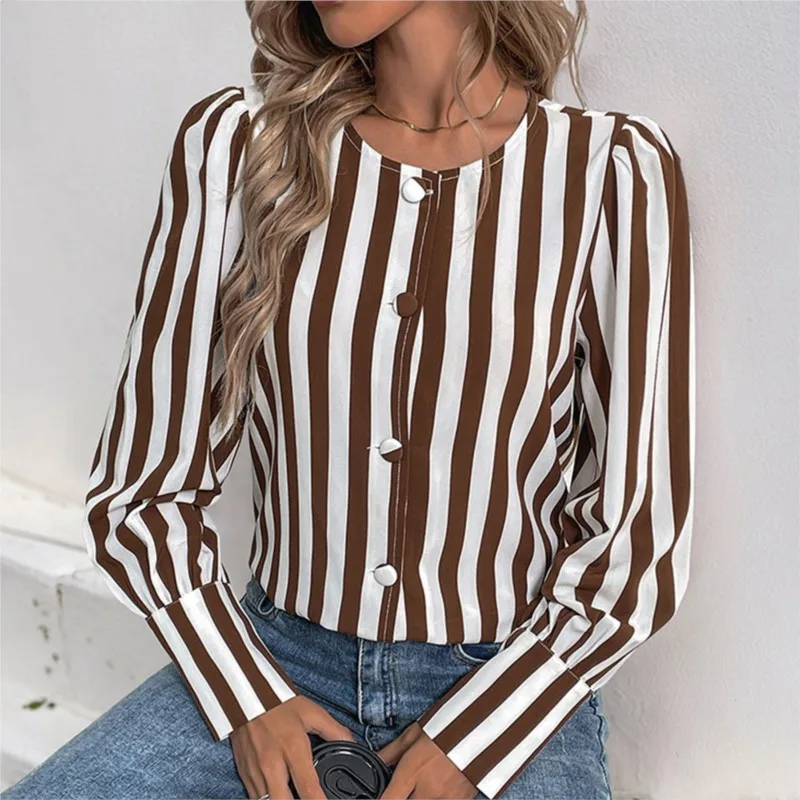

Women's Blouses 2024 Summer V-neck Single-breasted Cardigan Striped Contrast Color Long-Sleeved Fashion Women Shirts Casual Tops