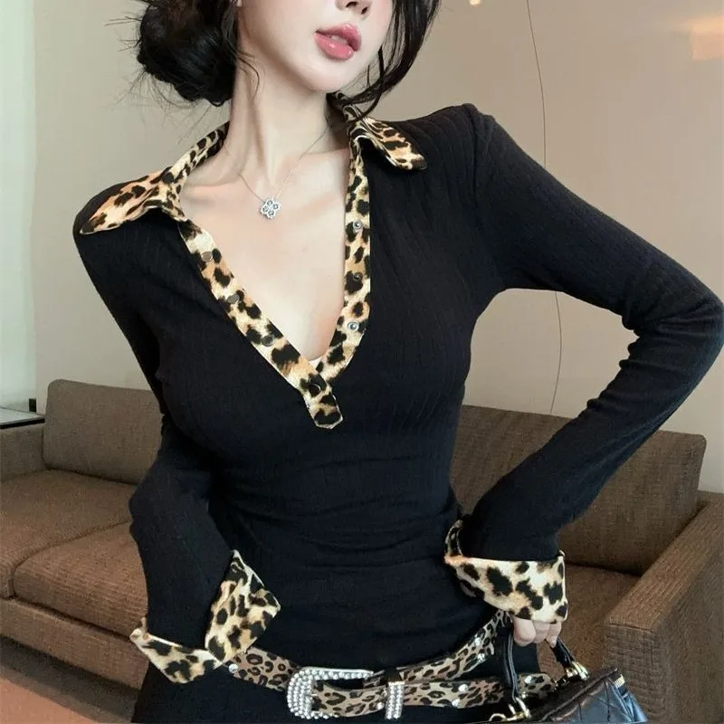 

Футболки женские в американском стиле ретро с леопардовым принтом, тонкая уличная одежда Y2k, модные готические осенние повседневные клубные женские классические футболки с длинными рукавами