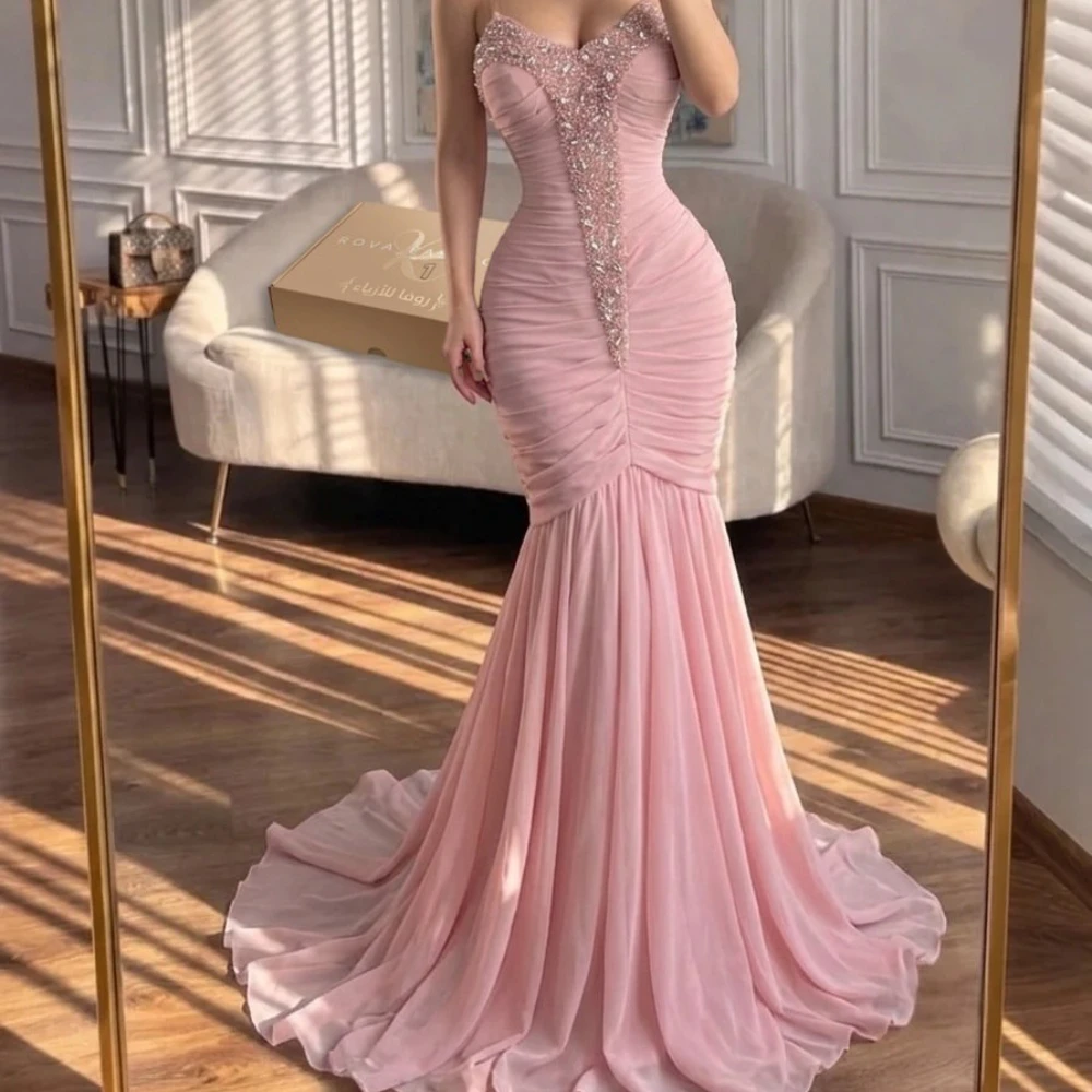 Blush Mermaid Gala Dress Featuring Thin Spaghetti Straps, Scalloped Sweetheart Neckline with Vertical Rhinestone Crystal Inlay