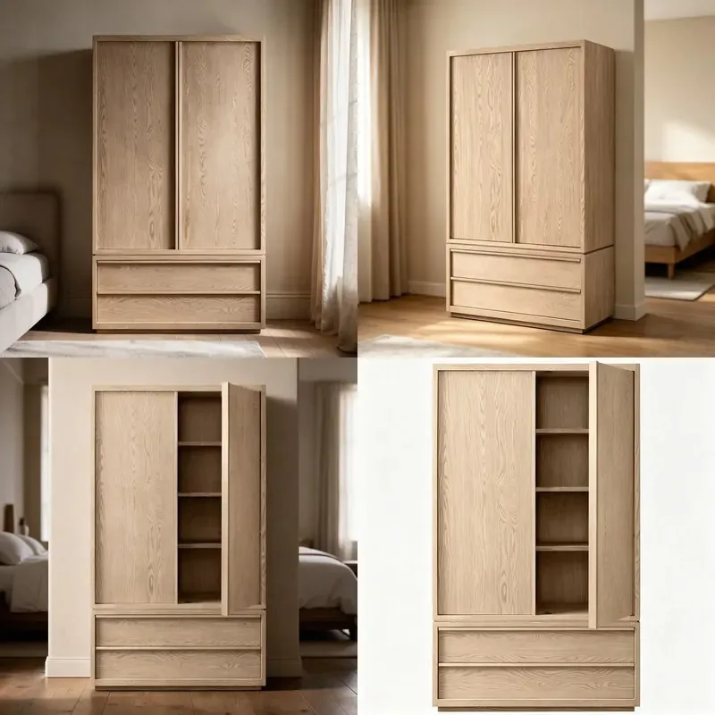 2 Doors 2 Drawers Solid Oak Wardrobe Handless Nordic Simple Design Storage Cabinet for Bedroom Apartment Hotel Home Use