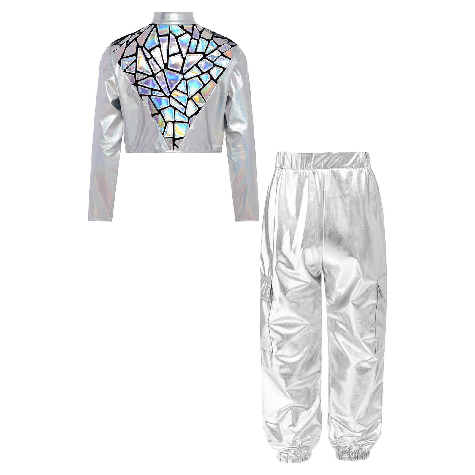 Kids Boys Girls Hip-Hop Jazz Dance Outfit Stand Collar Long Sleeve Zipper Sparkling Sequins Metallic Cropped Jacket+Cargo Pants