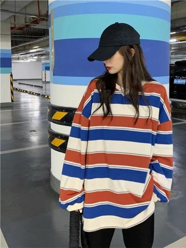 Women Sweatshirt Striped Thin Pullover T Shirt Harajuku Pullovers Korean Fashion Couples Matching Long Sleeve Tops Sweatshirt