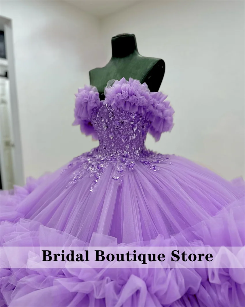 Purple Tulle Quinceanera Dress Ruffles With Bead Applique Crystal Sweet 16 Birthday Party Dress Vestidos De 15 Años