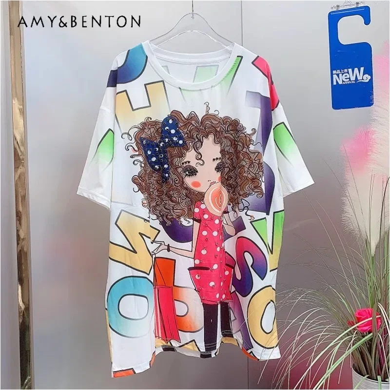 

2024 Summer New Cartoon Tees Tie-dye Printing Girl Letter Round Neck Pullover Tshirt Women's Clothes Kawaii Camisetas Streetwear