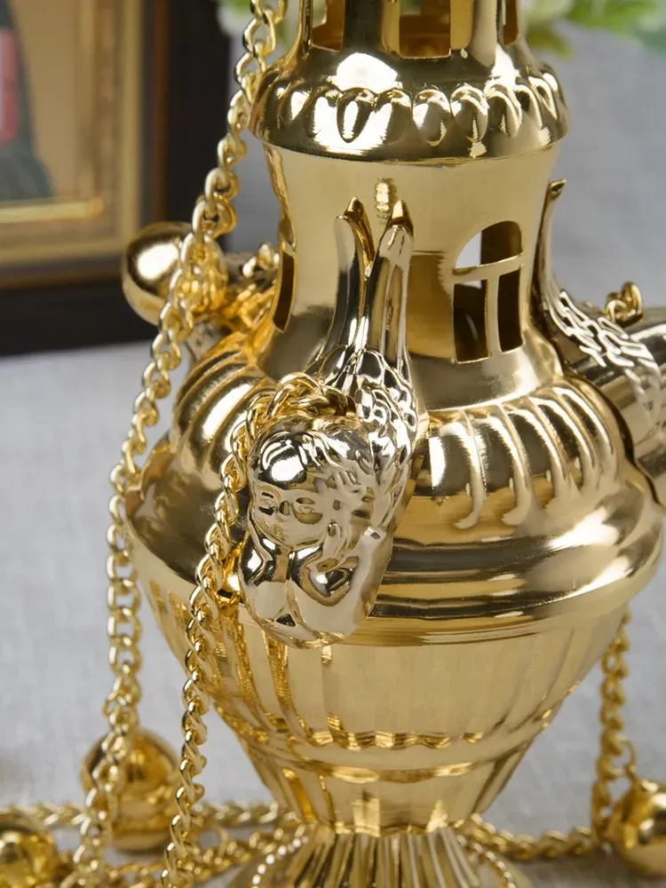 

HTISOK Orthodox Censer with Chain and Bells Zinc Alloy Gold Plated Church Altar Ceremony Incense Burner with Traditional Design
