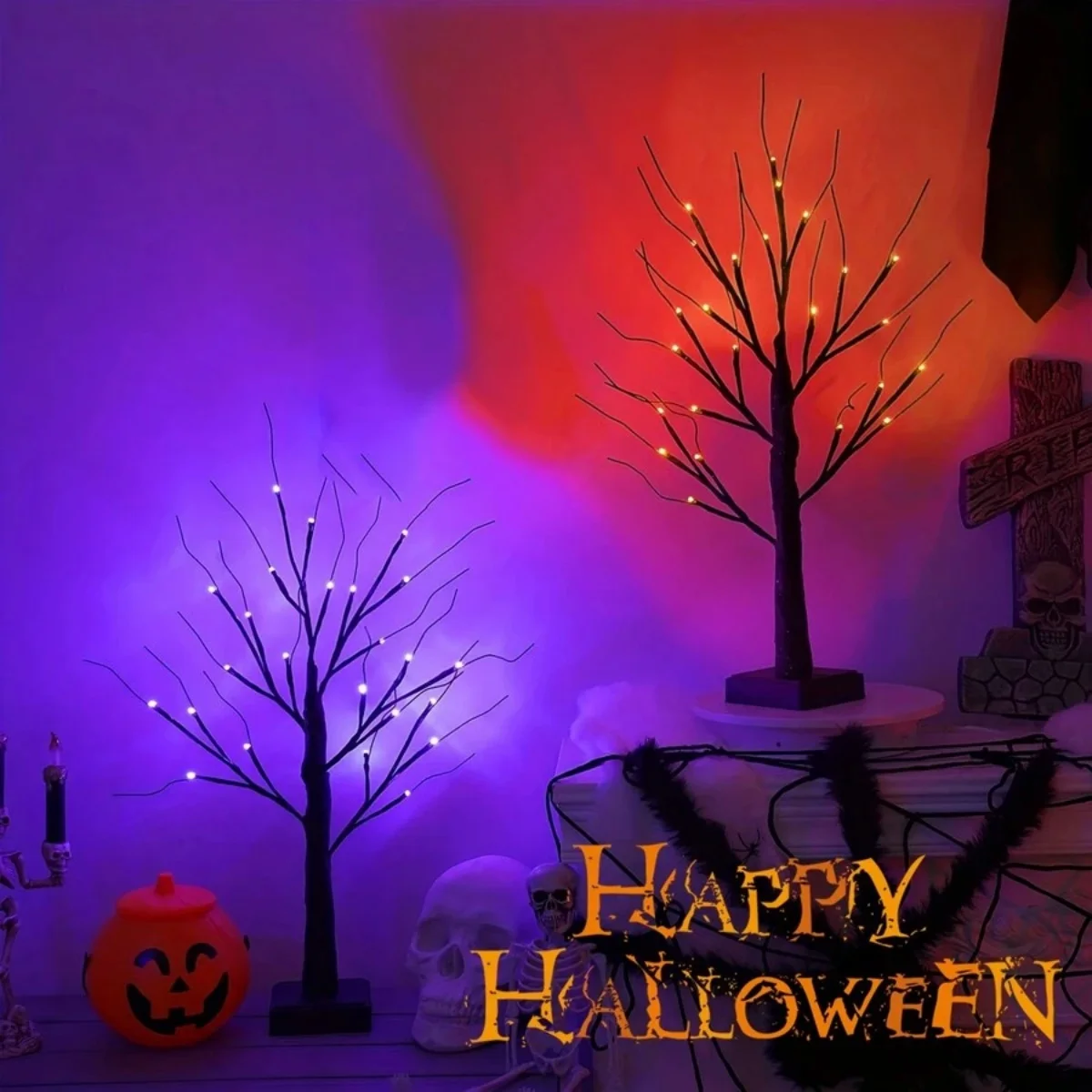 1pc 24 LED arancione e viola illuminato Halloween betulla artificiale luce fai da te rami neri luci da tavolo Halloween spettrale