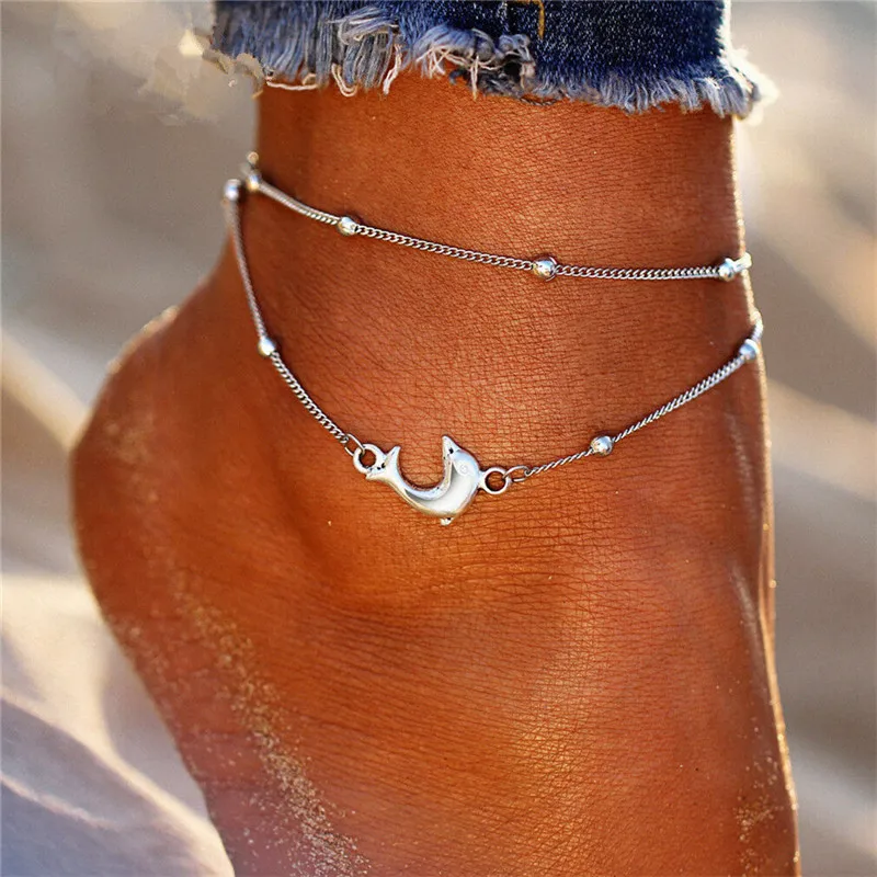 2pcs Retro Pearl Heart Anklet Tassel Dolphin Ankle Bracelet Set Bohemia Foot Beach Anklets Women Fashion Barefoot Chain Jewelry