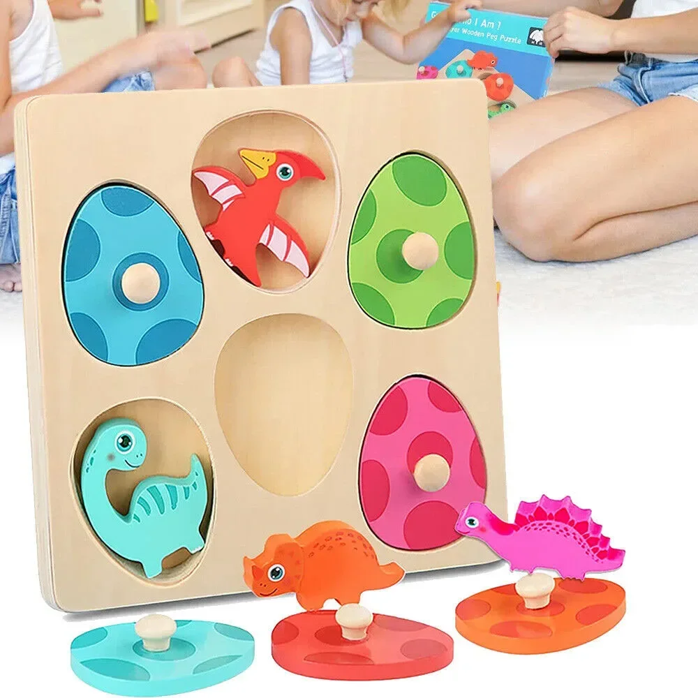 Wooden Dinosaur Jigsaw Puzzle Toys Montessori Peg Puzzle Game Kids Toddler 3D Wood Early Learning Educational Toys For Gifts