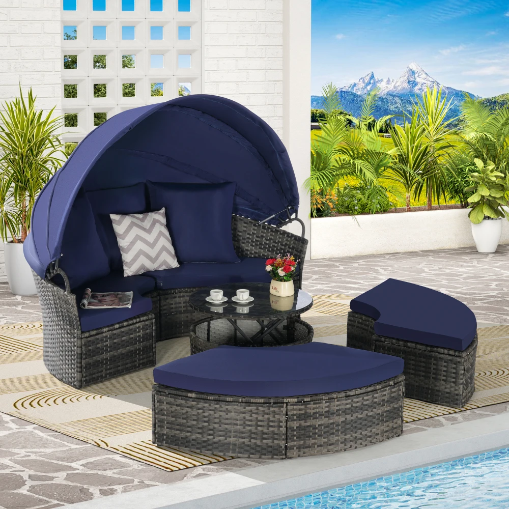

Patio Furniture Outdoor daybed with Canopy,Sofa Bed with Retractable Canopy and Glass Coffee Table for Backyard Porch,Pool