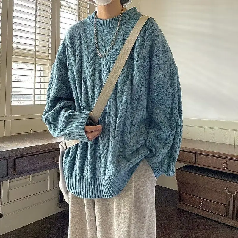 Korean Design Lazy Style Hong Kong Style round Neck Knitted Jacket Men Simple Knitted Sweater Thickened Inner Wear Versatile