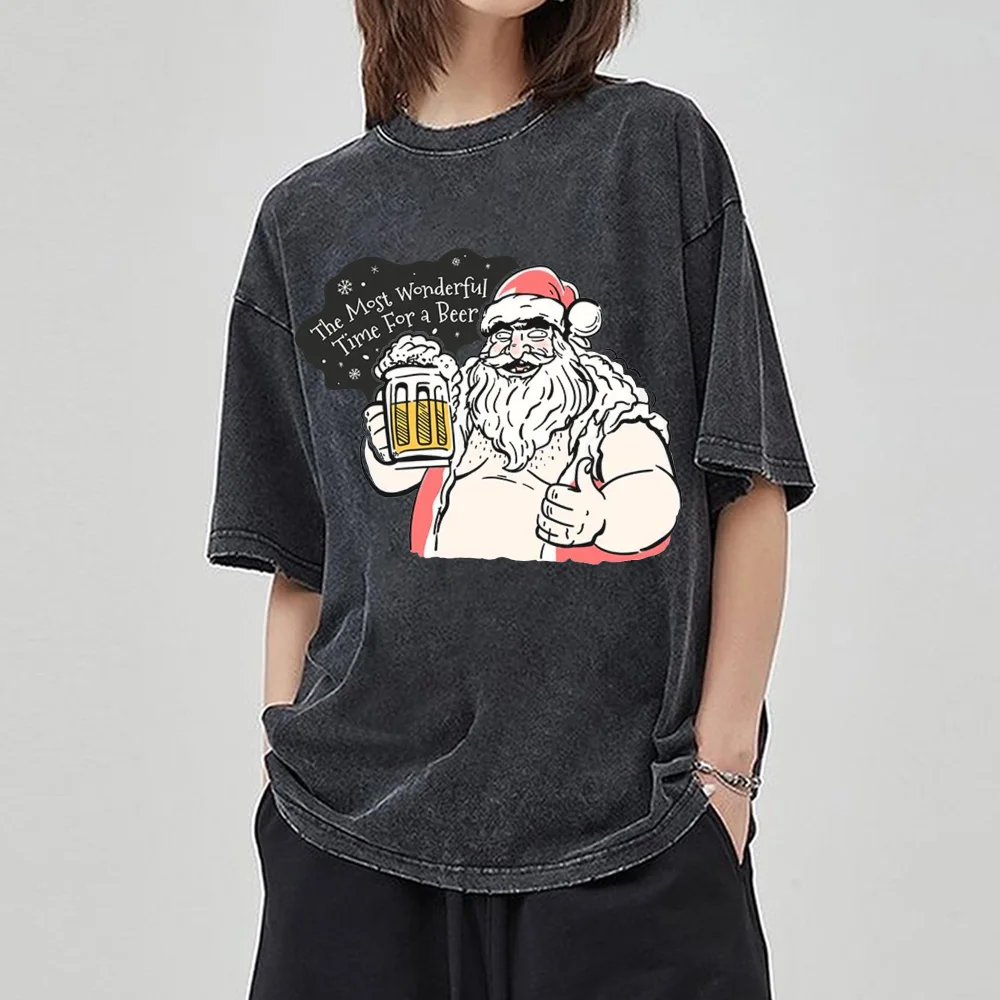 

Funny Santa Printed T-shirt Cute Cartoon Christmas gift Women's T-shirt Hip Hop O-neck Short Sleeve Vintage Washed Graphic Tees