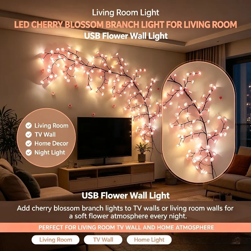 Cherry Blossom Tree Branch Lamp USB Flower Light Room Christmas Cozy Night Ambience Lighting for Apartment Bedroom Decor