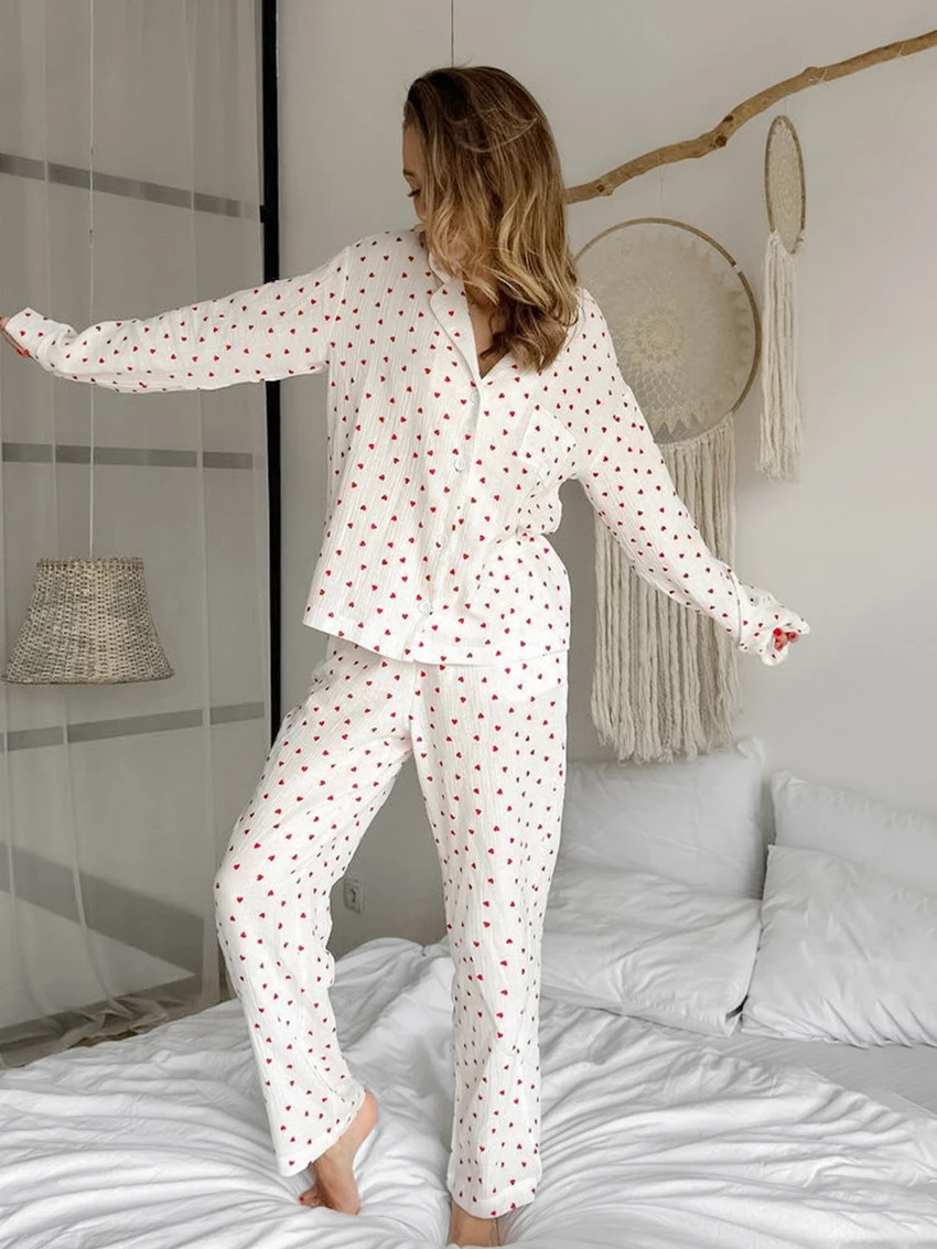 Marthaqiqi stampa donna Sleepwear Suit camicie da notte a maniche lunghe Sexy colletto rovesciato pantaloni da notte set pigiama in cotone Casual