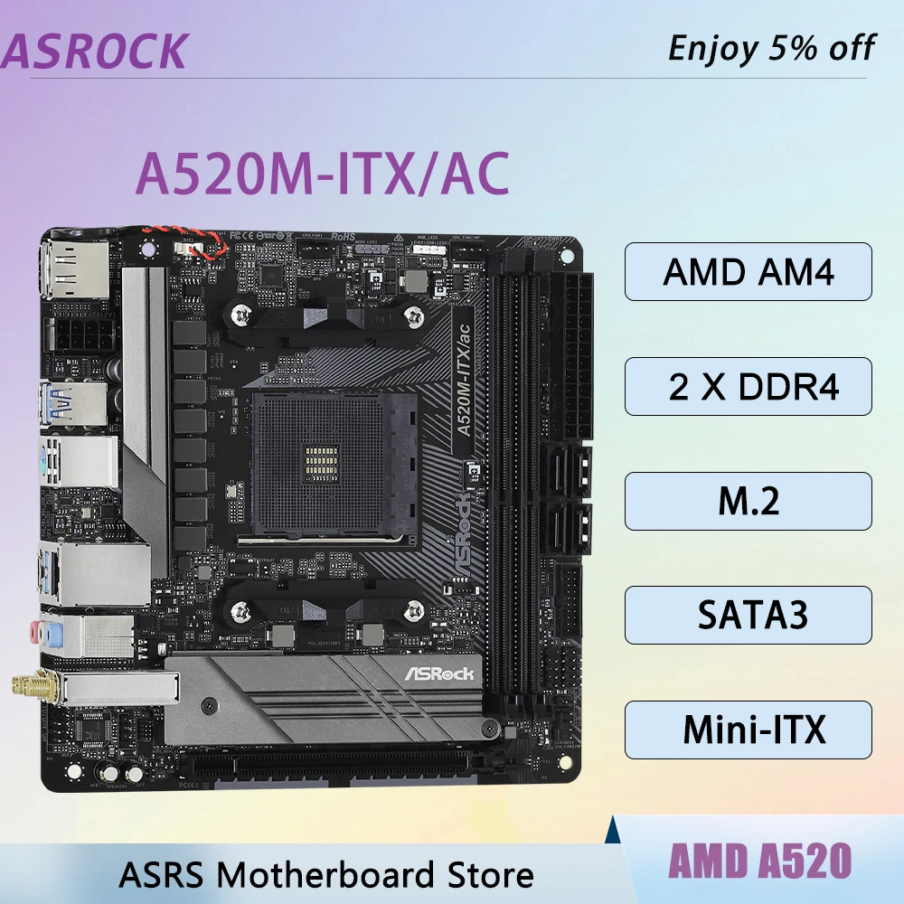 Placa-mãe ASRock A520M-ITX/AC AMD A520, compatível com PC Mini-ITX, CPU AM4 Ryzen 5 5600/5600X/5600G, 7 5700X/5800X, 5700G, M.2, DDR4, RAID