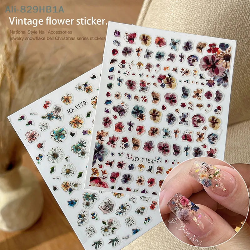 Retro Dried Flower Simulation Flower Nail Sticker Enhancement Adhesive Painting Nail Decal Accessories