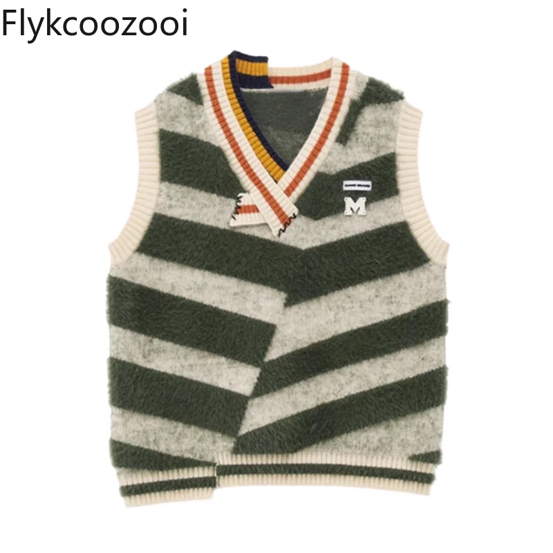 Gilet lavorato a maglia con scollo a v a righe a contrasto di colore retrò americano donna primavera e autunno indossano maglione senza maniche con