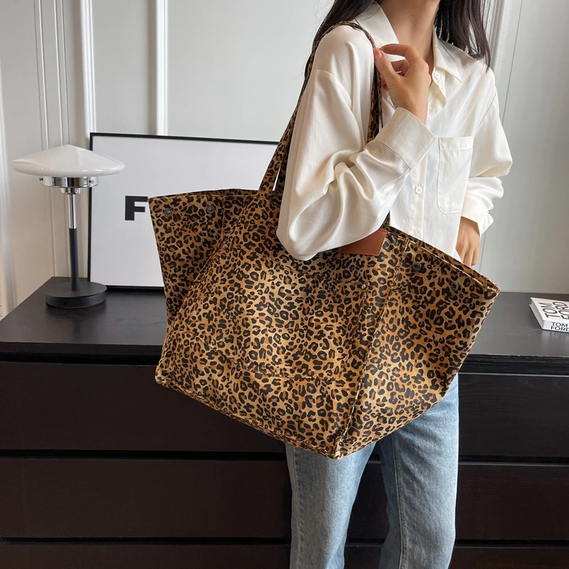 Leopard Prints Tote Bag Canvas Fabric Large Capacity Handbag Luxury Design Women Shoulder Bag Beach Adjustable Bags Shopper 2024