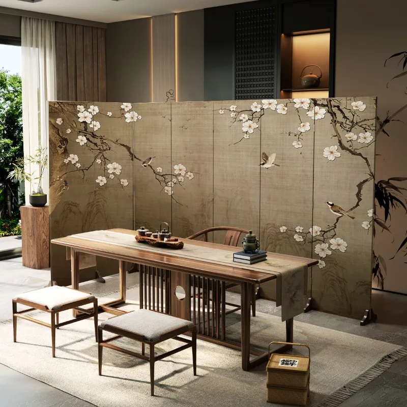 New Chinese magnolia screen partition living room study hotel private room impervious oil canvas folding screen foldable mobile