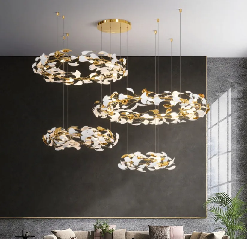 

Creative Led Chandelier For Living Room Luxury Staircase Lamp Modern Flower Design Indoor Lighting Gold Ceramic Kitchen Lustre