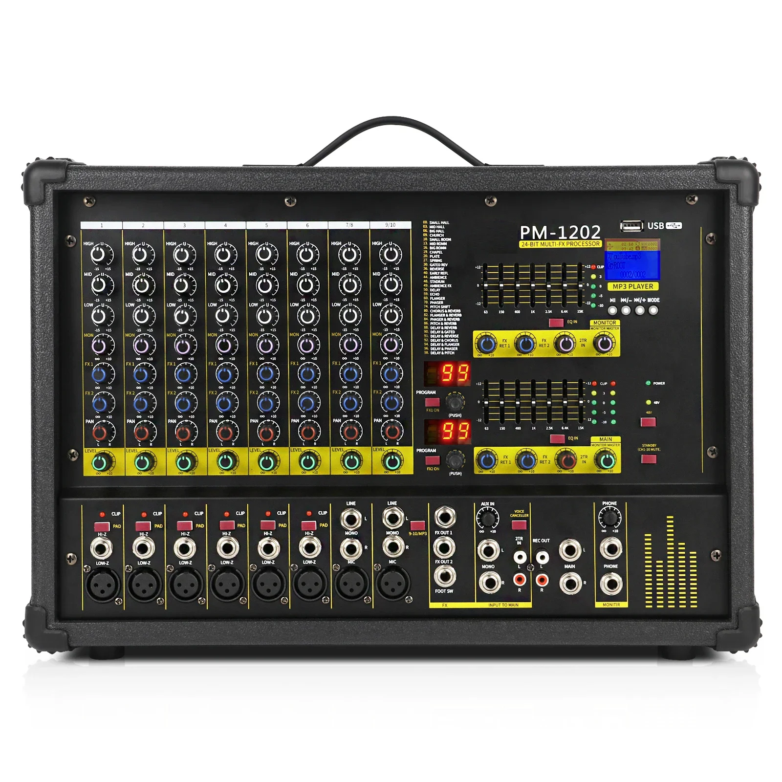 XTUGA PM1202 300-Watt 24 Bit Dual 99 DSP Effect 10 Kanaals Stage Power Mixer met Eindversterker DJ Mixer voor Outdoor Stage