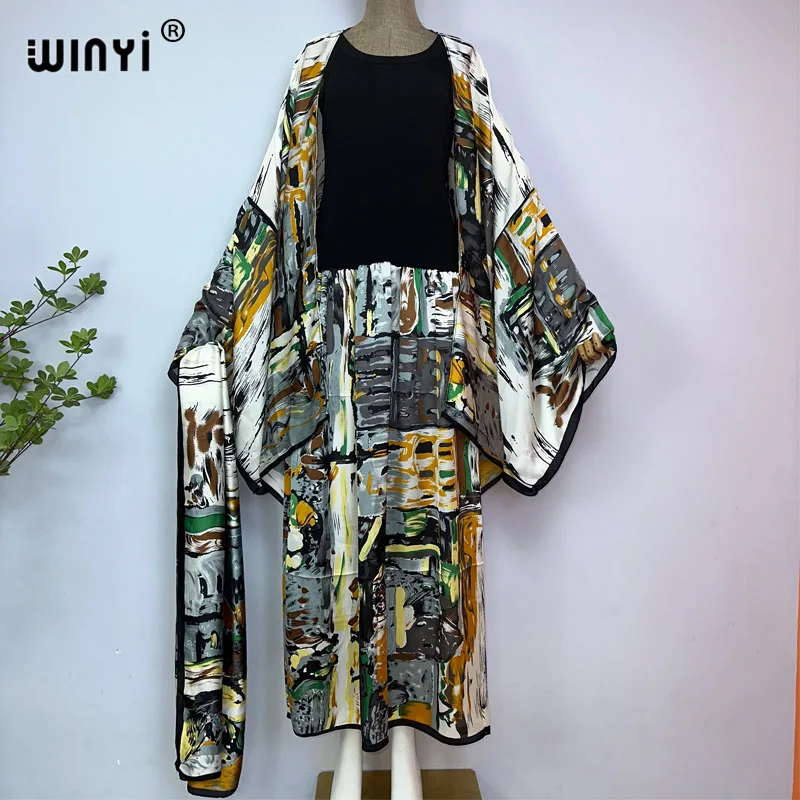 WINYI-Vestido floral midi feminino, moda quimono, estampa em totem, selo da cintura, manga comprida, casual fino, vintage, 2023