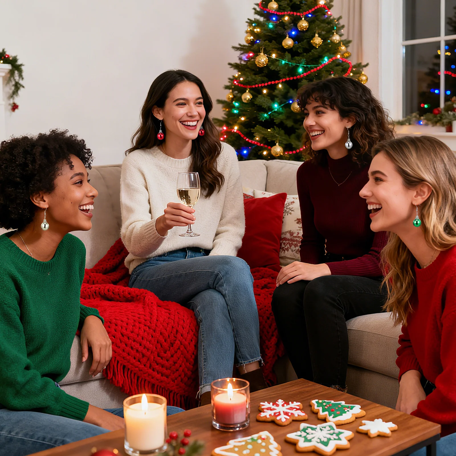 

4Pairs Christmas Bell Earrings Colorful Christmas Elements Party Ornament Festive Ear Accessories Gift for Friends and Family