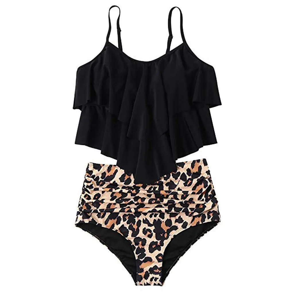 Fashion Leopard Swimwear Bathing Suit Women Sexy Ruffle High Waisted Swimsuit Straps Beach Tankini Two Piece Summer купальни