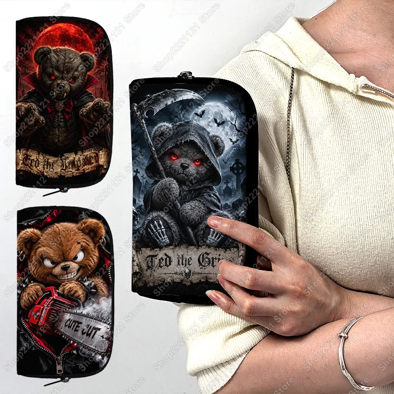 Cute Creeper Grim Reaper / Vampire Bear Printed Wallet Gothic Women Men Purse ID Credit Card Holder Dark Fantasy Long Wallets