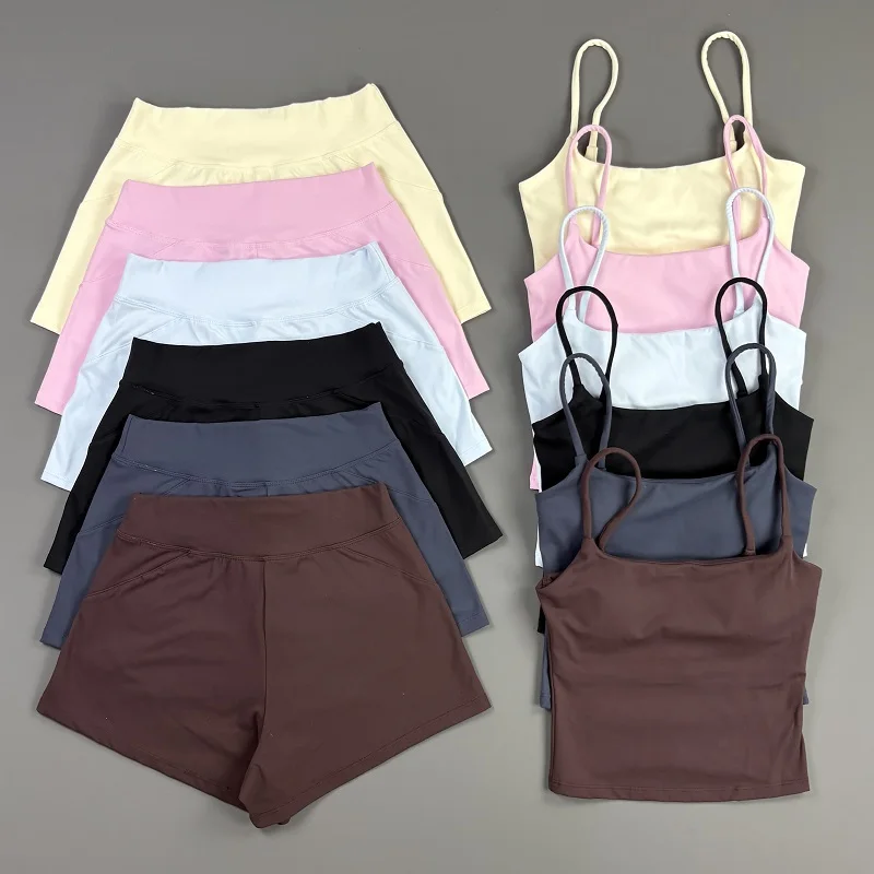 2 Piece Women Fitness Set Origin Strappy Top High Stretch Yoga Shorts Soft Stretchy Gym Running Workout Pilates Bicycle Suit
